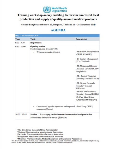 Training workshop on key enabling factors for successful local production and supply of quality-assured medical products - Agenda