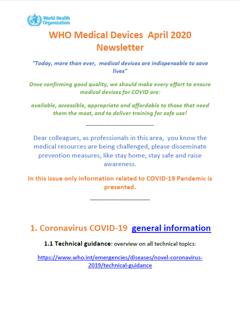 WHO Medical Devices April 2020
Newsletter