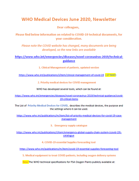 WHO Medical Devices June 2020
Newsletter
