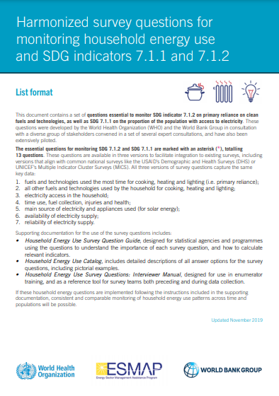 List Format: Harmonized survey questions for monitoring household energy use and SDG indicators 7.1.1 and 7.1.2