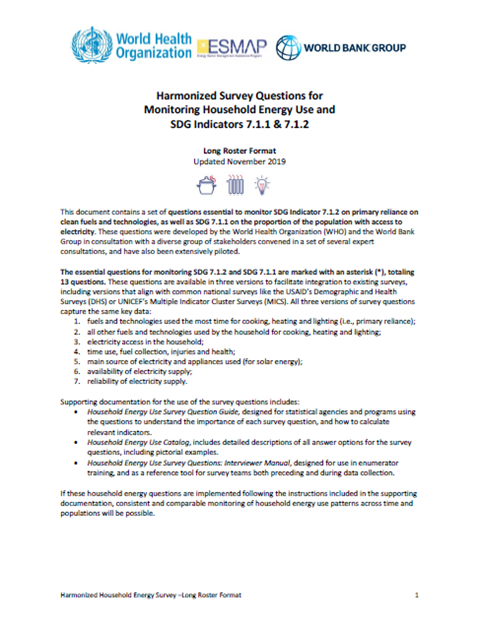 Long roster format as Word Document: Harmonized Survey Questions for monitoring Household Energy Use and SDG Indicators 7.1.1 & 7.1.2