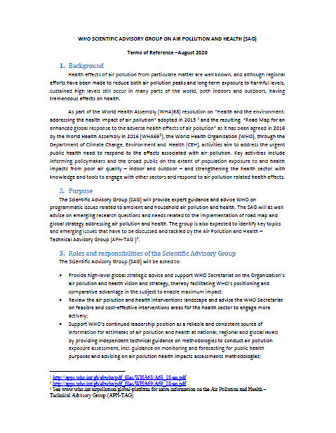 Terms of Reference: Scientific Advisory Group on Air Pollution and Health