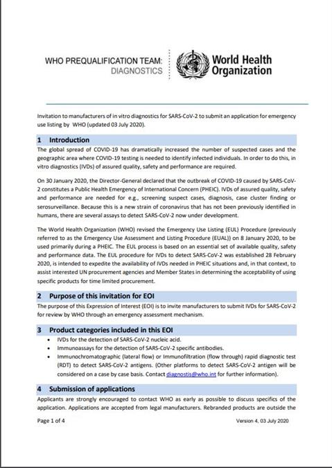 Invitation to manufacturers of in vitro diagnostics for SARS-CoV-2 to submit an application for emergency use listing by WHO