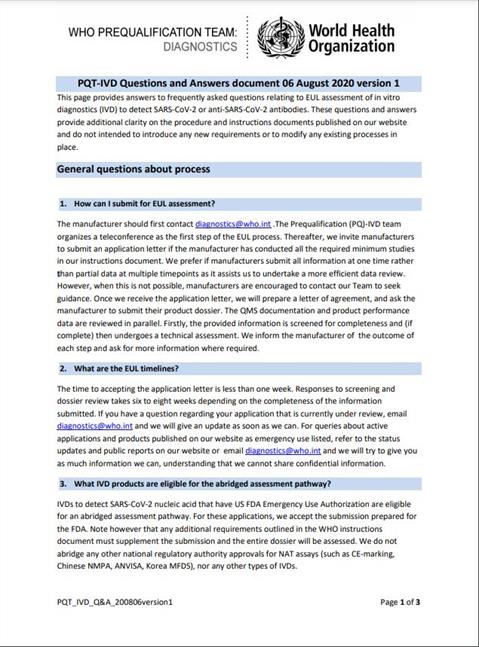 Frequently asked questions and answers to EUL assessment of IVD to detect SARS-CoV-2 or anti-SARS-CoV-2 antibodies