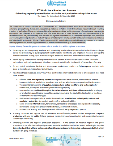 Second World Local Production Forum: Recommendations