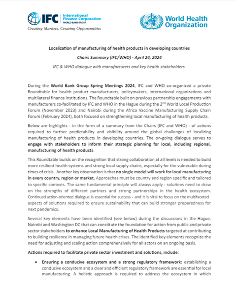 Localization of manufacturing of health products in developing countries