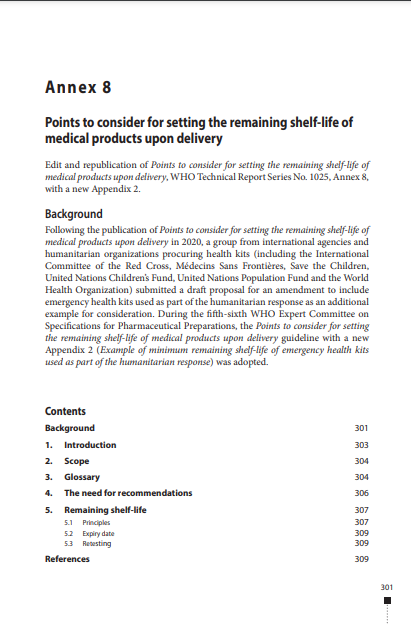 TRS 1044 - Annex 8: Points to consider for setting the remaining shelf-life of medical products upon delivery