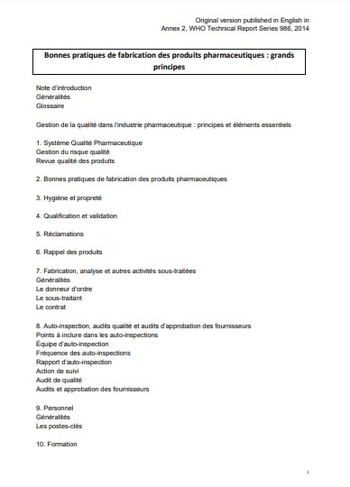 Bonnes pratiques de fabrication de l’OMS des produits pharmaceutiques: Grands principes
