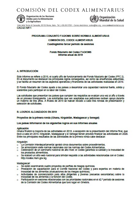 Fondo fiduciario del Codex FAO/OMS - Informe anual de 2019
