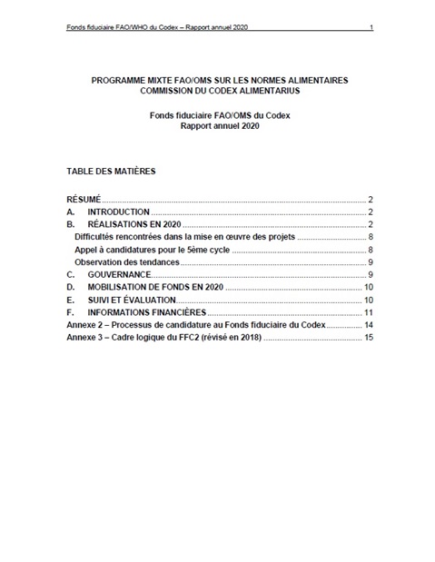Fonds fiduciaire FAO/OMS du Codex - Rapport annuel 2020