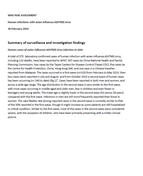 WHO Risk assessment on human infections with avian influenza A(H7N9) virus