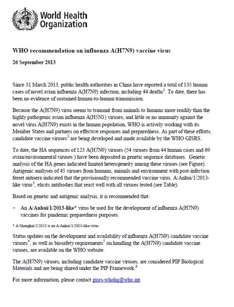 WHO recommendation on influenza A(H7N9) vaccine virus