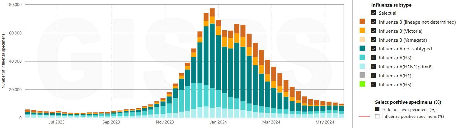 Virus detections by subtype reported to FluNet Flunet-globalvirus20240621