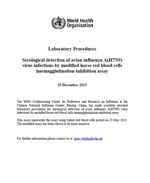 Serological detection of avian influenza A(H7N9) virus infections by modified horse red blood cells haemagglutination-inhibition assay