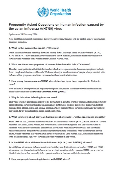 Frequently Asked Questions on human infection caused by the avian influenza A(H7N9) virus
