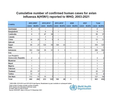 Cumulative number of confirmed human cases for avian influenza A(H5N1) reported to WHO, 2003-2021, 13 December 2021