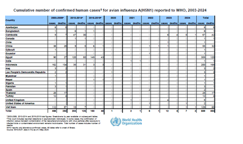 Cumulative number of confirmed human cases for avian influenza A(H5N1) reported to WHO, 2003-2024, 3 May 2024