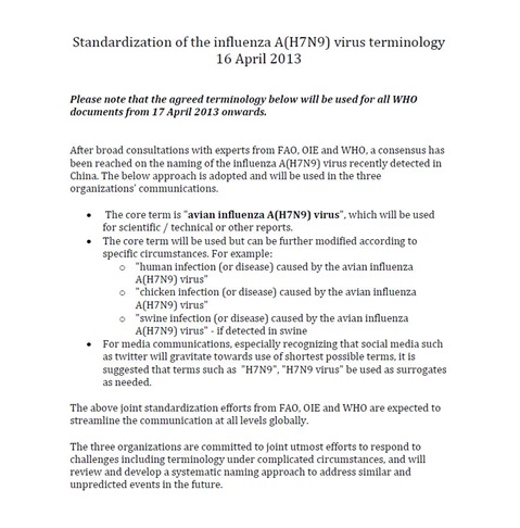 Standardization of the influenza A(H7N9) virus terminology
