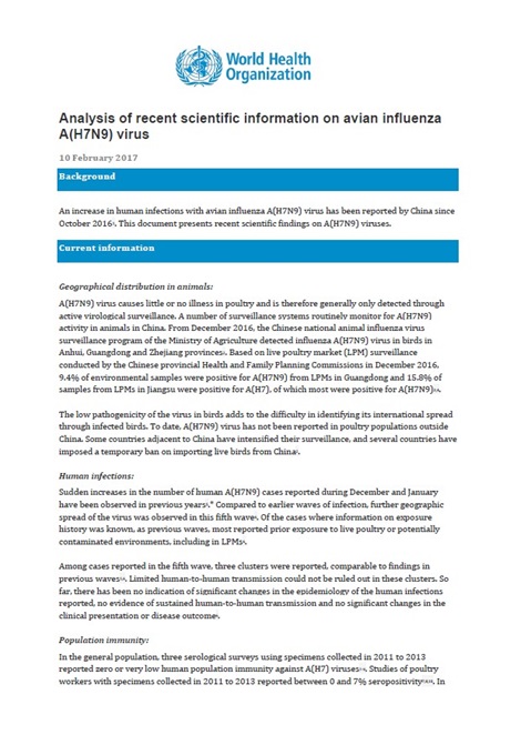 Analysis of recent scientific information on avian influenza A(H7N9) virus