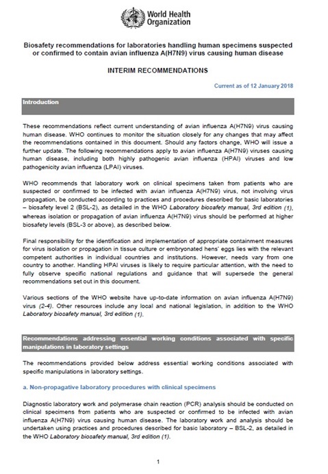 Biosafety recommendations for laboratories handling human specimens suspected or confirmed to contain avian influenza A(H7N9) virus causing human disease, Interim Recommendations