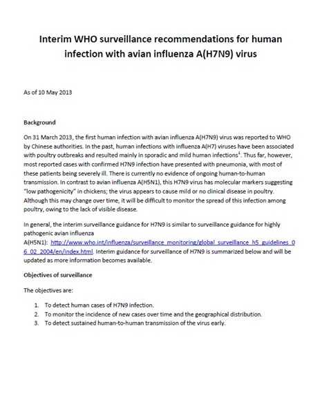 Interim WHO surveillance recommendations for human infection with avian influenza A(H7N9) virus
