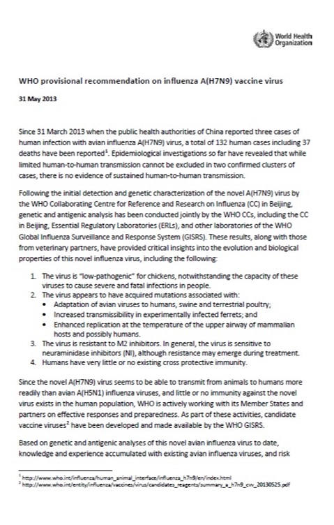 WHO provisional recommendation on influenza A(H7N9) vaccine virus