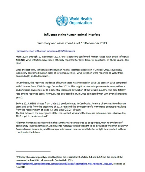 Influenza at the human-animal interface summary and assessment, 10 December 2013