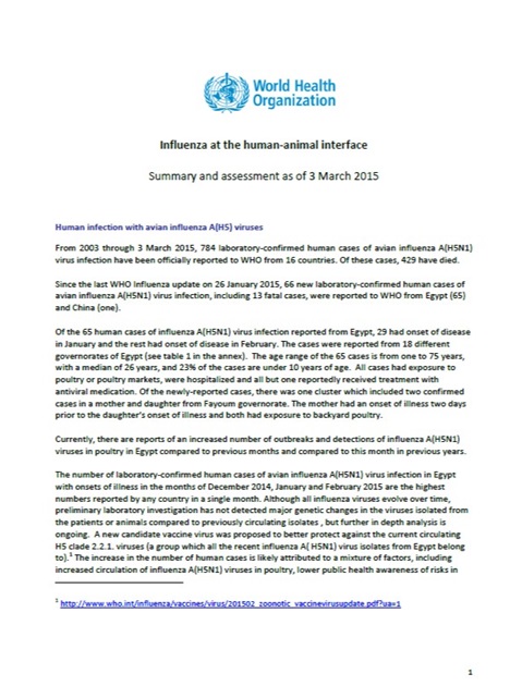 Influenza at the human-animal interface summary and assessment, 3 March 2015