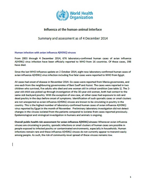 Influenza at the human-animal interface summary and assessment, 4 December 2014
