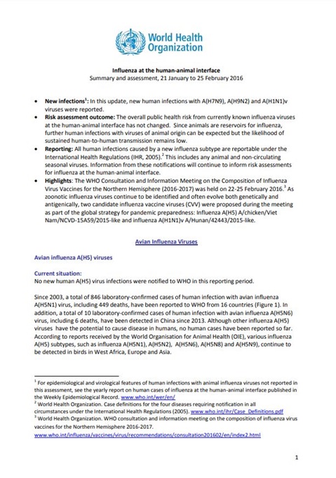 Influenza at the human-animal interface summary and assessment, 25 February 2016