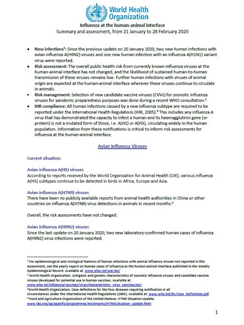Influenza at the human-animal interface summary and assessment, 28 February 2020