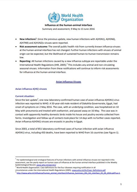 Influenza at the human-animal interface summary and assessment, 13 June 2016