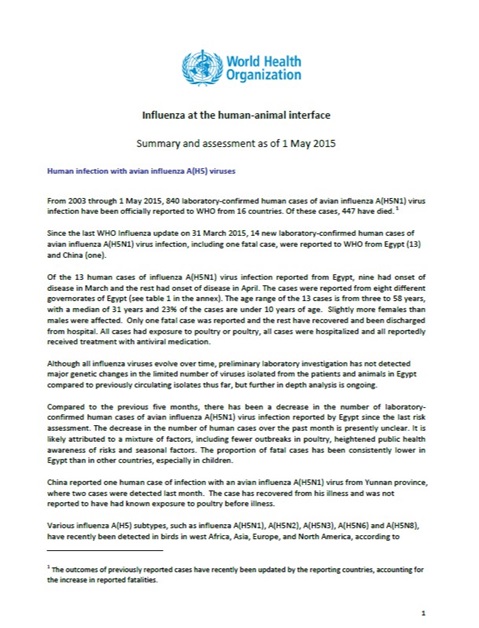 Influenza at the human-animal interface summary and assessment, 1 May 2015