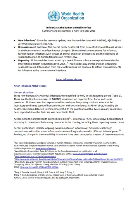 Influenza at the human-animal interface summary and assessment, 9 May 2016