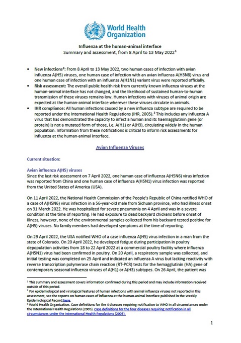 Influenza at the human-animal interface summary and assessment, 13 May 2022