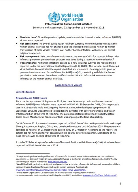 Influenza at the human-animal interface summary and assessment, 1 November 2018
