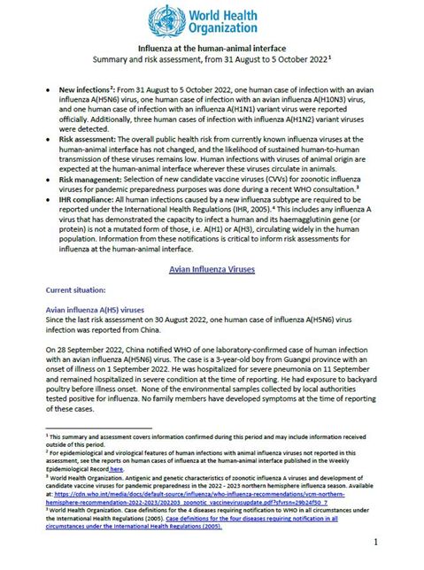 Influenza at the human-animal interface summary and assessment, 5 October 2022