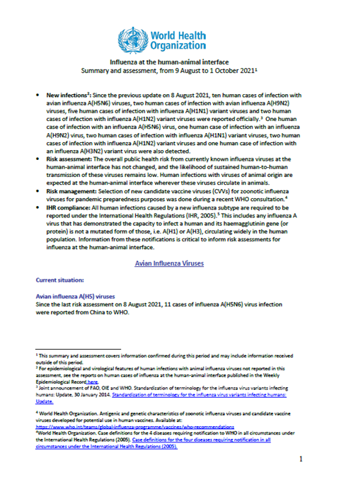 Influenza at the human-animal interface summary and assessment, 1 October 2021