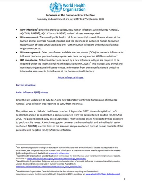 Influenza at the human-animal interface summary and assessment, 27 September 2017