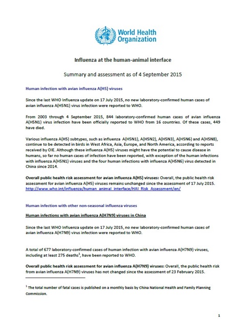 Influenza at the human-animal interface summary and assessment, 4 September 2015
