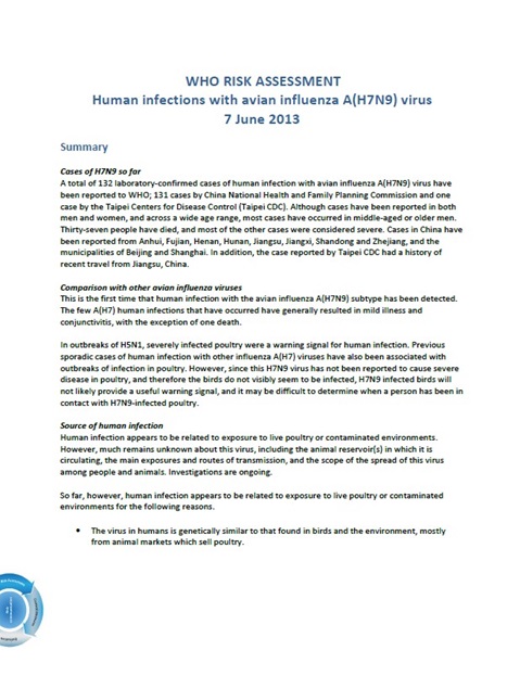 WHO Risk assessment on human infections with avian influenza A(H7N9) virus