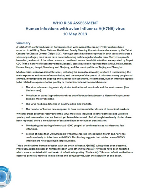 WHO Risk assessment on human infections with avian influenza A(H7N9) virus