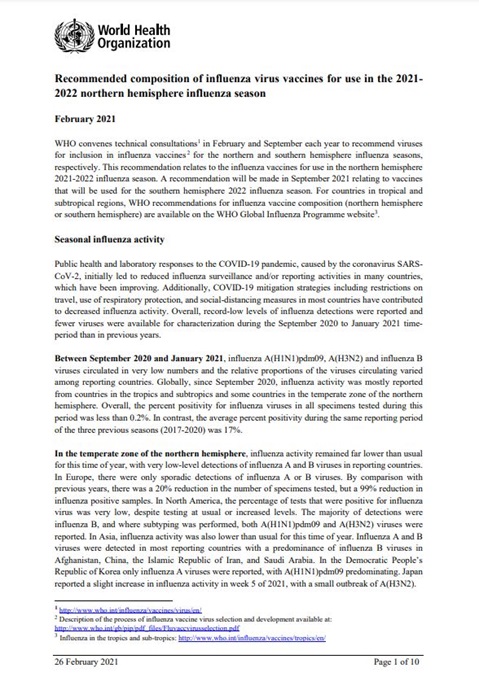 Recommended composition of influenza virus vaccines for use in the 2021-2022 northern hemisphere influenza season