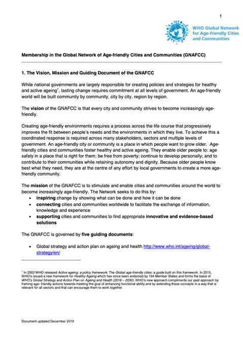Membership in the Global Network for Age-friendly Cities and Communities (GNAFCC)