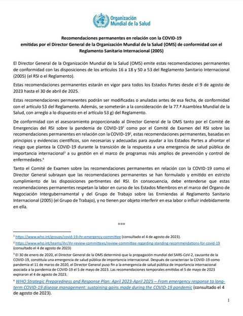 Recomendaciones permanentes en relación con la COVID-19 emitidas por el Director General de la Organización Mundial de la Salud (OMS) de conformidad con el Reglamento Sanitario Internacional (2005)