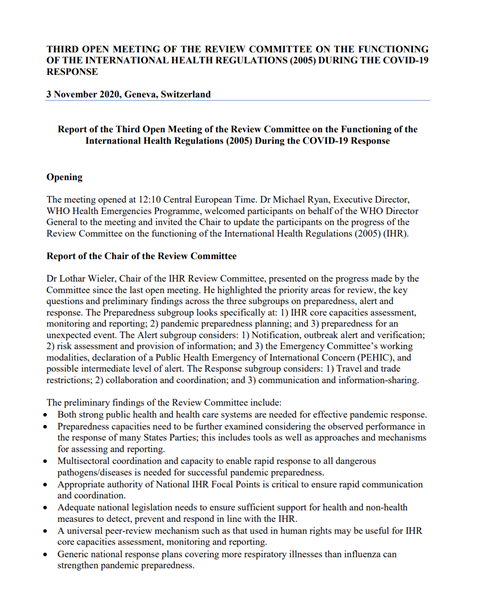Third meeting of the review committee on the functioning of the International Health Regulations (2005) during the COVID-19 response