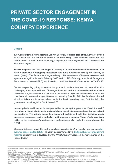 Private sector engagement in the COVID-19 response: Kenya country experience