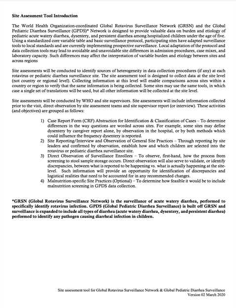 Rotavirus and Pediatric Diarrhea Site Assessment Tool