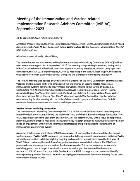 Meeting of the Immunization and Vaccine-related Implementation Research Advisory Committee (IVIR-AC), September 2023