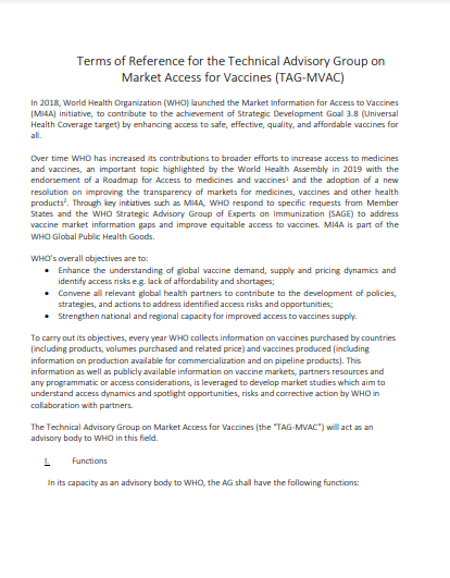 Terms of Reference for the Technical Advisory Group on Market Access for Vaccines (TAG-MVAC)